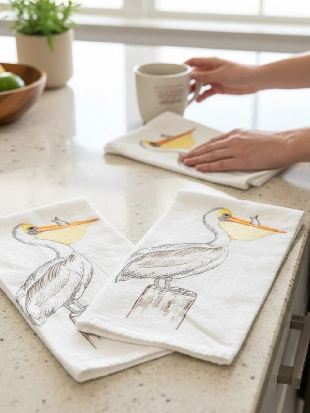 Two White Pelican Embroidered Coastal Kitchen Towels - Set of 2